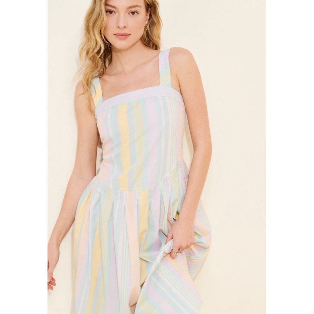 Free People Primavera Pastel Combo Stripe Midi Dress Cotton Size M Casual Travel - Picture 4 of 9
